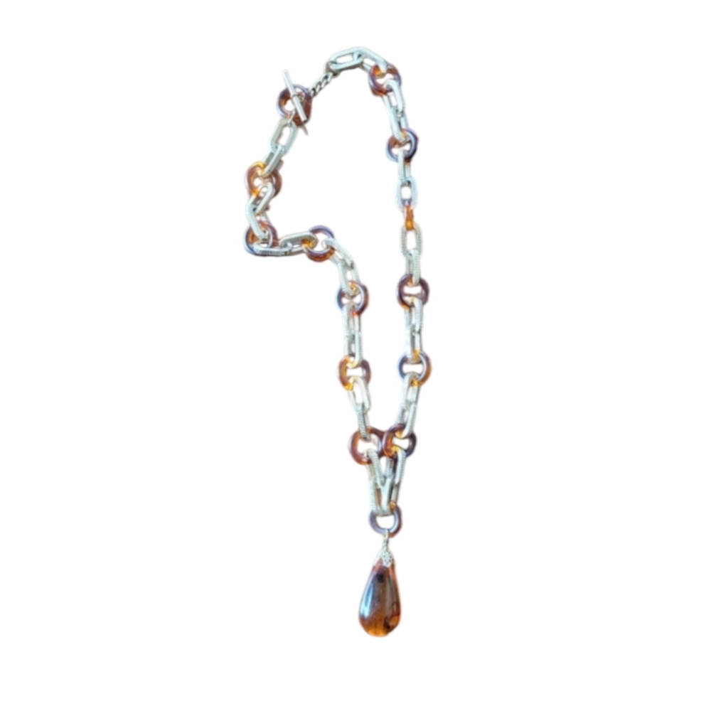 Amber Lightweight Ampule Plastic and Gold Metal Ring Necklace With Loop Clasp